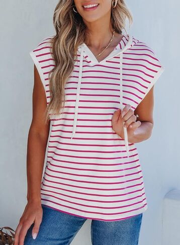 SHEWIN Womens Summer Striped Hooded Cap Sleeve Tops Lightweight Drawstring Hoodies V Neck Casual Blouses Shirts in Saudi Arabia