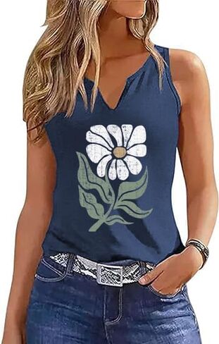 Women Vintage Floral Graphic V Neck Tank Tops Boho Cottagecore Wildflowers Cami Summer Sleeveless Shirt in Kuwait