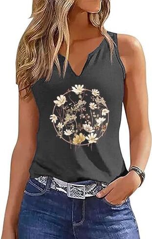 Women Vintage Floral Graphic V Neck Tank Tops Boho Cottagecore Wildflowers Cami Summer Sleeveless Shirt in Kuwait