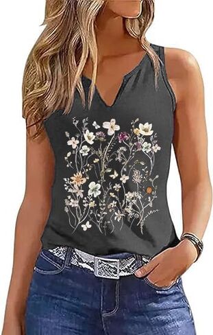 Women Vintage Floral Graphic V Neck Tank Tops Boho Cottagecore Wildflowers Cami Summer Sleeveless Shirt in Kuwait
