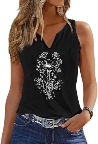 Women Vintage Floral Graphic V Neck Tank Tops Boho Cottagecore Wildflowers Cami Summer Sleeveless Shirt in Kuwait