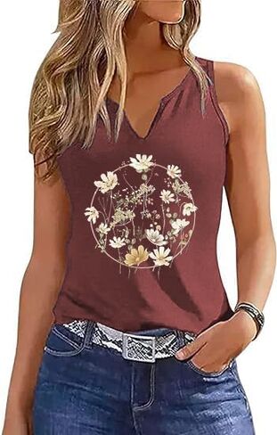 Women Vintage Floral Graphic V Neck Tank Tops Boho Cottagecore Wildflowers Cami Summer Sleeveless Shirt in Kuwait