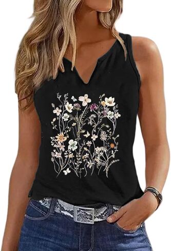 Women Vintage Floral Graphic V Neck Tank Tops Boho Cottagecore Wildflowers Cami Summer Sleeveless Shirt in Kuwait
