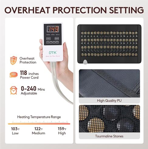 UTK Extra Large Heating Pad 21'' x 39'',Far Infrared Heat Therapy for Back Pain Relief with 126 Tourmaline Stones, Penetrate Heat into Muscle Layer, Up to 159°F,240 Mins,2H Auto-Off,Include Carry Bag in Kuwait