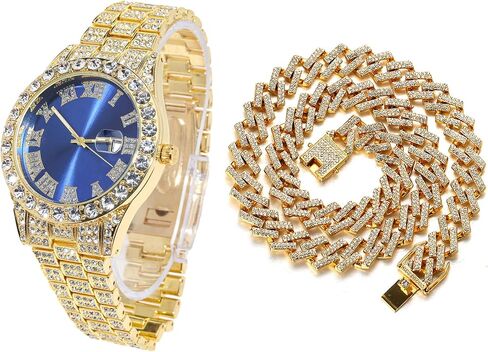 Halukakah Blue Dial Diamonds Gold Watch Iced Out, Men's 18k Real Gold/Platinum White Gold Plated Quartz Wristband 9.5", with Cuban Link Necklace Bracelet Set Options, Free Giftbox in Saudi Arabia