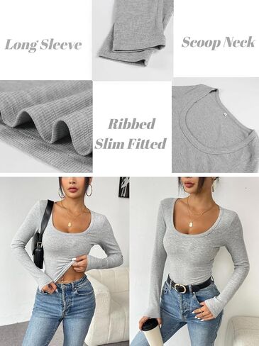 Zeagoo Women's Long Sleeve Ribbed Slim Fitted Shirts Square Neck Casual Basic Y2K Crop Tops in Saudi Arabia