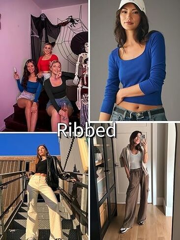 Zeagoo Women's Long Sleeve Ribbed Slim Fitted Shirts Square Neck Casual Basic Y2K Crop Tops in Saudi Arabia
