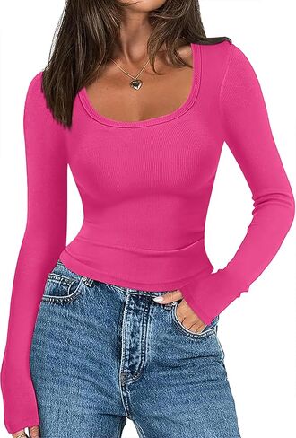 Zeagoo Women's Long Sleeve Ribbed Slim Fitted Shirts Square Neck Casual Basic Y2K Crop Tops in Saudi Arabia