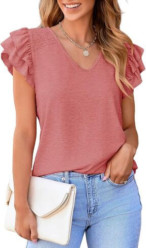 AlvaQ Womens Short Sleeve Tops Casual Solid Color Ruffle V Neck T Shirts Blouses in Kuwait