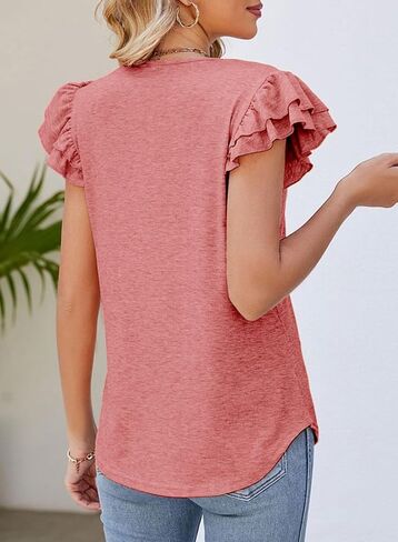 AlvaQ Womens Short Sleeve Tops Casual Solid Color Ruffle V Neck T Shirts Blouses in Kuwait