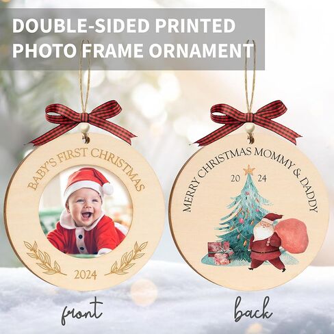 2024 Baby’s First Christmas Wooden Picture Frame Ornament, Newborn Milestone Keepsake Photo, Holiday Christmas Gift For New and Expecting Parents, Baby Christmas Decoration Gifts for Xmas Tree, Thanksgiving Gifts (Round) in Saudi Arabia