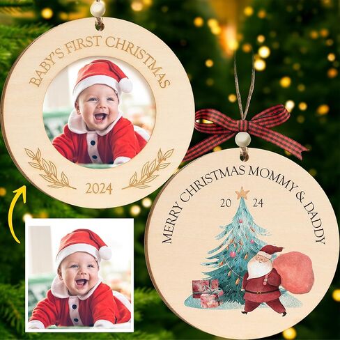 2024 Baby’s First Christmas Wooden Picture Frame Ornament, Newborn Milestone Keepsake Photo, Holiday Christmas Gift For New and Expecting Parents, Baby Christmas Decoration Gifts for Xmas Tree, Thanksgiving Gifts (Round) in Saudi Arabia