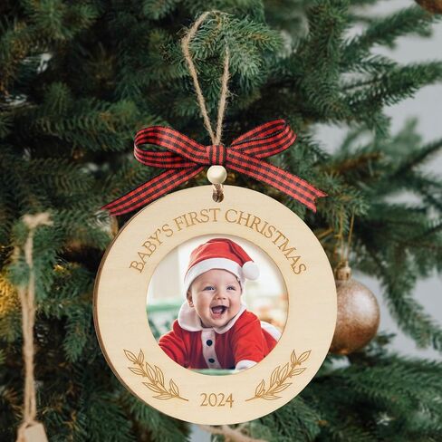 2024 Baby’s First Christmas Wooden Picture Frame Ornament, Newborn Milestone Keepsake Photo, Holiday Christmas Gift For New and Expecting Parents, Baby Christmas Decoration Gifts for Xmas Tree, Thanksgiving Gifts (Round) in Saudi Arabia