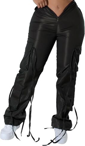 xxxiticat Women's Zipper Front Cargo Pants Mid Rise Drawstring Lace Up Bandage Criss Cross Cutout Low V-Style Trousers in Kuwait