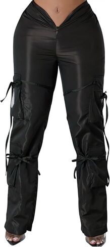 xxxiticat Women's Zipper Front Cargo Pants Mid Rise Drawstring Lace Up Bandage Criss Cross Cutout Low V-Style Trousers in Kuwait