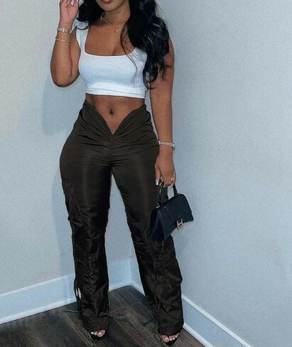 xxxiticat Women's Zipper Front Cargo Pants Mid Rise Drawstring Lace Up Bandage Criss Cross Cutout Low V-Style Trousers in Kuwait
