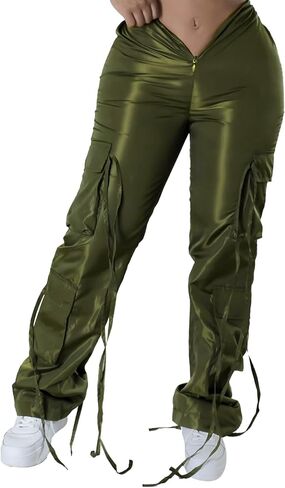 xxxiticat Women's Zipper Front Cargo Pants Mid Rise Drawstring Lace Up Bandage Criss Cross Cutout Low V-Style Trousers in Kuwait