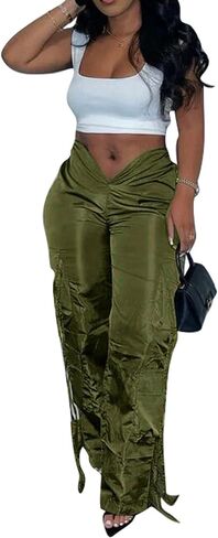 xxxiticat Women's Zipper Front Cargo Pants Mid Rise Drawstring Lace Up Bandage Criss Cross Cutout Low V-Style Trousers in Kuwait