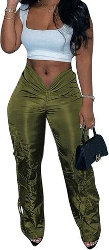 xxxiticat Women's Zipper Front Cargo Pants Mid Rise Drawstring Lace Up Bandage Criss Cross Cutout Low V-Style Trousers in Kuwait