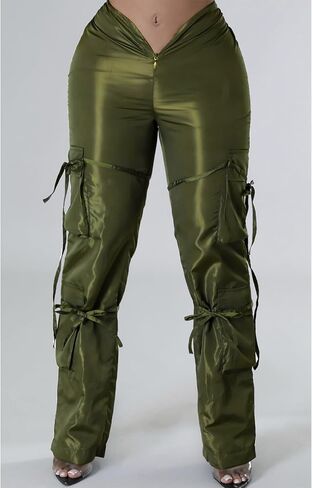 xxxiticat Women's Zipper Front Cargo Pants Mid Rise Drawstring Lace Up Bandage Criss Cross Cutout Low V-Style Trousers in Kuwait