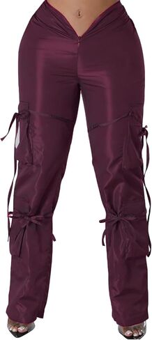 xxxiticat Women's Zipper Front Cargo Pants Mid Rise Drawstring Lace Up Bandage Criss Cross Cutout Low V-Style Trousers in Kuwait