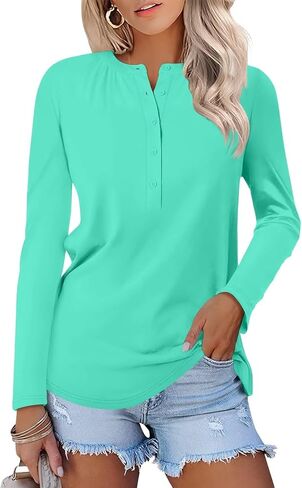 Women's Long Sleeve Henley Shirts Pleated V Neck T Shirts Button Down Tunic Tops in Saudi Arabia
