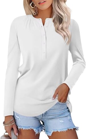 Women's Long Sleeve Henley Shirts Pleated V Neck T Shirts Button Down Tunic Tops in Saudi Arabia