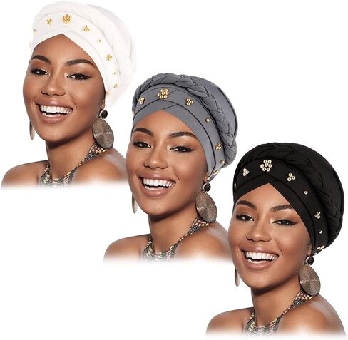 DRESHOW Turban Pre-Tied Twisted Braid Hair Cover Wrap Hat African Beanie Headwraps for Black Women Chemo Cancer Cap in Saudi Arabia