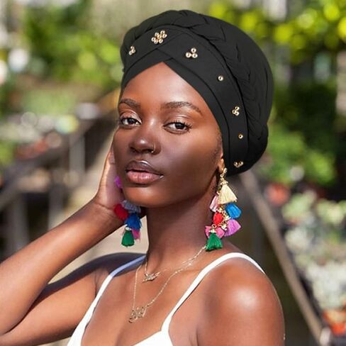 DRESHOW Turban Pre-Tied Twisted Braid Hair Cover Wrap Hat African Beanie Headwraps for Black Women Chemo Cancer Cap in Saudi Arabia