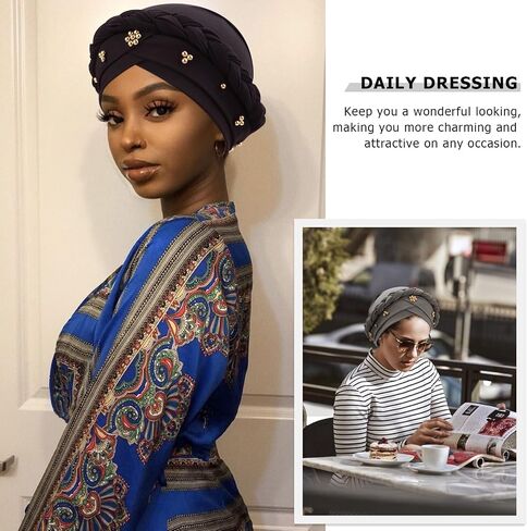 DRESHOW Turban Pre-Tied Twisted Braid Hair Cover Wrap Hat African Beanie Headwraps for Black Women Chemo Cancer Cap in Saudi Arabia
