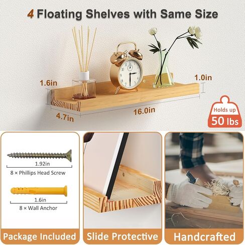 Floating Shelves for Wall, Wood Wall Shelves with Lip for Bedroom, Living Room, Kitchen, Office, 16 Inch Wall Mounted Storage Shelves for Room Decor Organizers Set of 4 (Walnut, 4Pack 16inch) in Kuwait