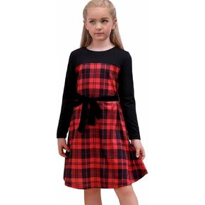 Teen Girls' Casual Long Sleeve Buffalo Plaid Patchwork Belted A-Line Dresses with Pockets for Girls 6-12 Years