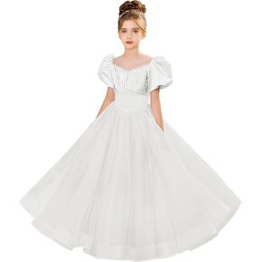 Flower Girls Satin Tulle Dresses for Wedding Pearls Princess Pageant Dress Birthday Party Ball Gown