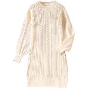 GORGLITTER Girl's Crewneck Long Sleeve Sweater Dress Drop Shoulder Cable Knit Midi Dresses
