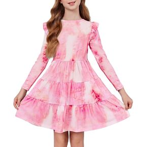 Haloumoning Girls Tie Dye Long Sleeve Dress Kids Ruffle A Line Tiered Twirly Swing Dresses 5-14 Years