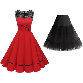 Bbonlinedress Women 1950s Vintage Party Swing Dress Red L + Vintage Petticoat Underskirt 25" Black M