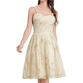 IDOPIP Women Vintage Floral Embroidery Mesh Dress 1950s Elegant Cocktail Party Swing Dress Formal A-Line Tulle Prom Gown
