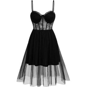 OYOANGLE Women's Plus Size Lace Mesh Spaghetti Strap Dress Ruffle Hem A Line Midi Cami Party Cocktail Dresses