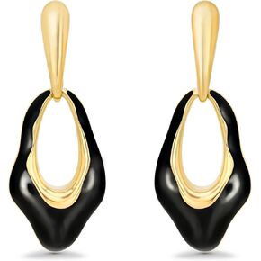 Small Oval Dangle Irregular Gold Black Enamel Resin Hoops Statement Earrings for Women, Bold Drop Handmade Exaggerated Trendy Bohemian Flower Jewelry Gifts, Unique Teardrop Baroque Summer Beach Floral Fashion Earrings Accessories, Vintage Nickle Free Hugg