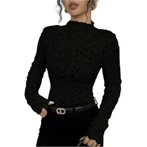 MakeMeChic Women's Floral Lace Fitted Top Mock Neck Long Sleeve Elegant Tee Shirt
