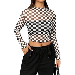 SOLY HUX Women's Plaid Sheer Mesh Tee Mock Neck Long Sleeve Lettuce Trim Crop Tops T Shirt