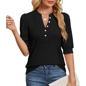 Summer Tops for Women 2025 Trendy Dressy Casual Blouse Puff Short Sleeve Shirts Knit Henley V Neck T Shirt Tunic