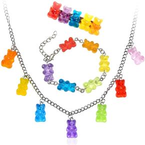 Colorful Gummy Bear Necklace Bracelet Hairpin Set Fashion Resin Candy Color Tiny Animal Charms Dangling Pendant Necklace Barrette for Women Adorable Gift