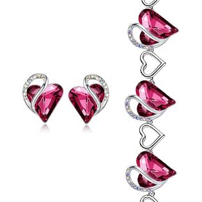 Leafael Infinity Love Heart Stud Earrings and Bracelet for Women, October Birthstone Crystal Jewelry, Silver Tone Gifts for Women, Tourmaline Pink