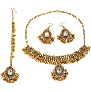 Ethnic Indian Jhumka Tassel Rhinestone Choker Necklace Earrings Maang Tikka 3 Pcs Set Oxidized Ancient Goldtone Bohemian Traditional Jhumki Pendant Crystal Retro Bollywood Statement Gypsy Wedding Bridal Jewelry for Women