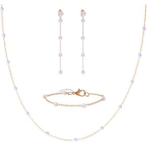 مجموعة مجوهرات ذهبية للنساء عقد من اللؤلؤ وأقراط متدلية من اللؤلؤ وأساور اللؤلؤ ومجوهرات زفاف العروس للنساء هدية in Kuwait