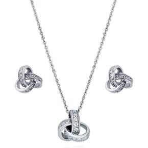 BERRICLE Sterling Silver Love Knot Cubic Zirconia CZ Fashion Necklace and Earrings Set for Women, Rhodium Plated