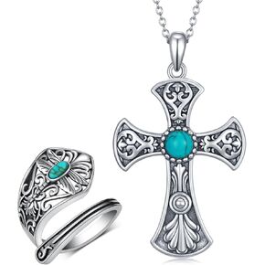 Turquoise Jewelry for Women 925 Sterling Silver Turquoise Cross Necklace and Turquoise Dragonfly Rings Turquoise Jewelry Set Gifts for Women