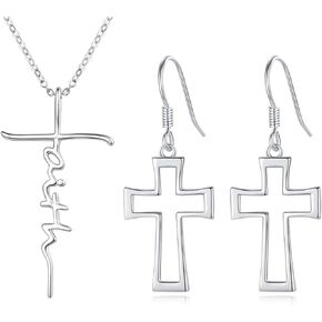 PRAYMOS Faith Jewely Set, Faith Necklace and Faith Cross Earrings Sterling Silver Faith Christian Religious Jewelry Gifts for Women
