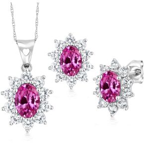 Gem Stone King 3.10 Cttw Oval Pink Created Sapphire 10K White Gold Pendant Earrings Set For Women | Oval 7X5MM and 6X4MM | With 18 Inch Chain